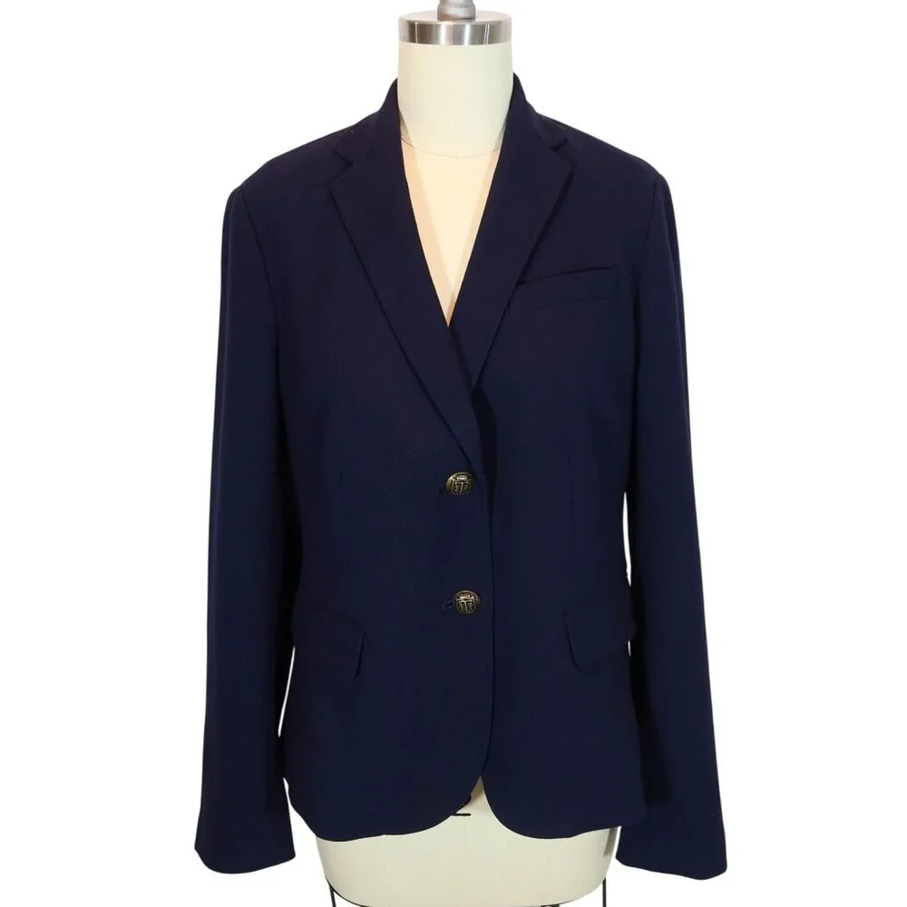 TALBOTS Navy Blue Ponte Knit Ornate Button Blazer Size 8 Nautical Preppy Office - Picture 1 of 9